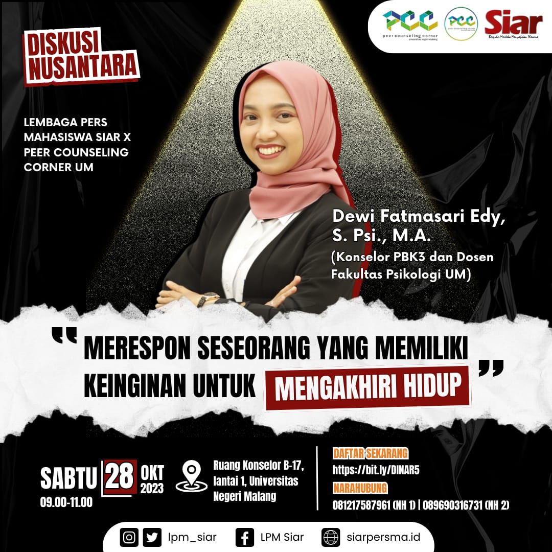 lpm_siar's tweet photo. Salam Persma! ✊🏻
Lembaga Pers Mahasiswa (LPM) Siar UM bekerja sama dengan Peer Counseling Corner (PCC) UM, mau ngadain dinar bareng, lho!🤩

Link pendaftaran: https://t.co/K9qPo3MbVy https://t.co/P5tuH4zdpD