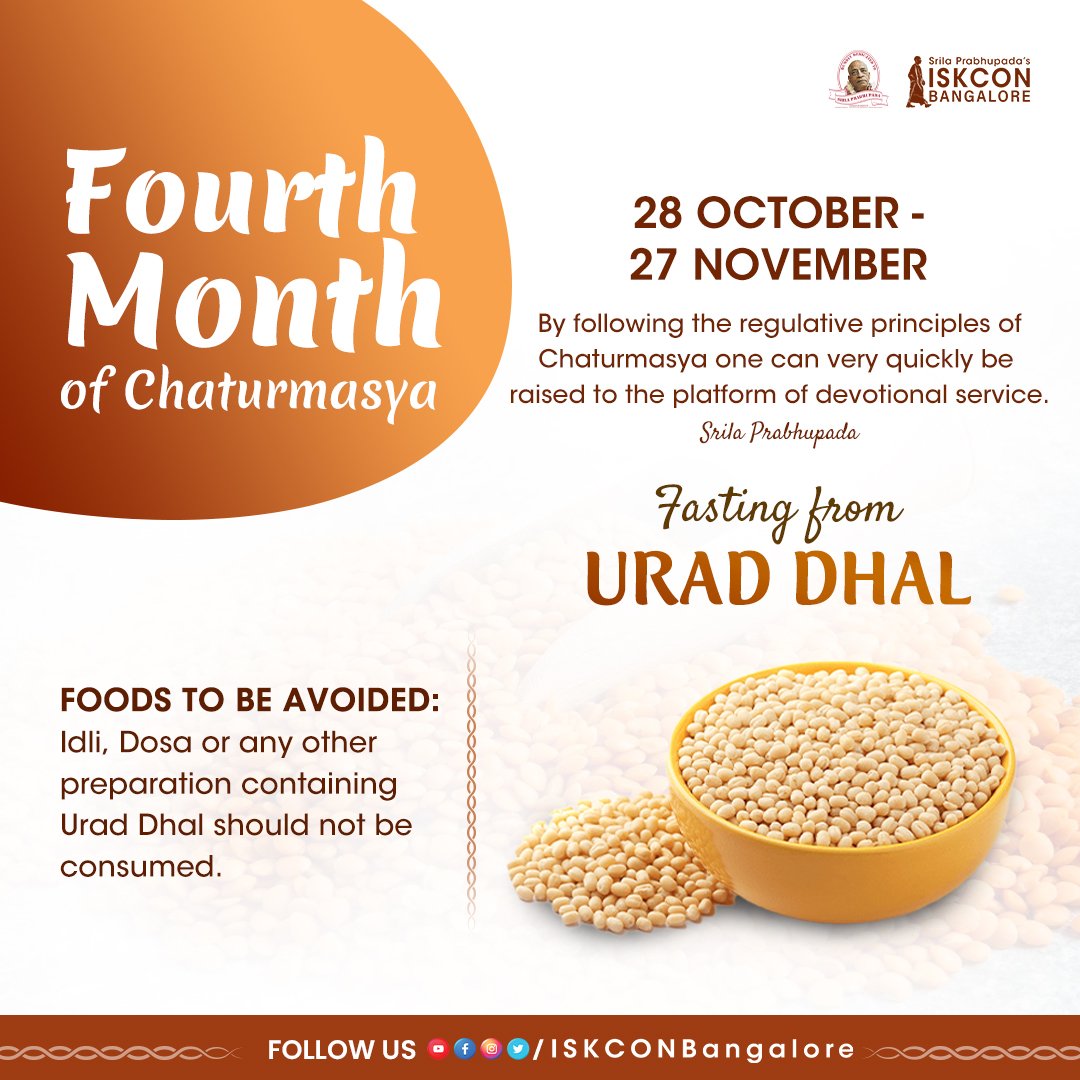 ISKCONBangalore's tweet photo. In the final month of the Chaturmasya, devotees abstain from Urad Dhal and observe Damodara Vrata to attract the mercy of the Supreme Lord. Increase your spiritual activities to #LightYourLifewithDevotion.
#chaturmas #iskcon #iskconbangalore #fasting #Temple #Devotion https://t.co/N05MbDunkn