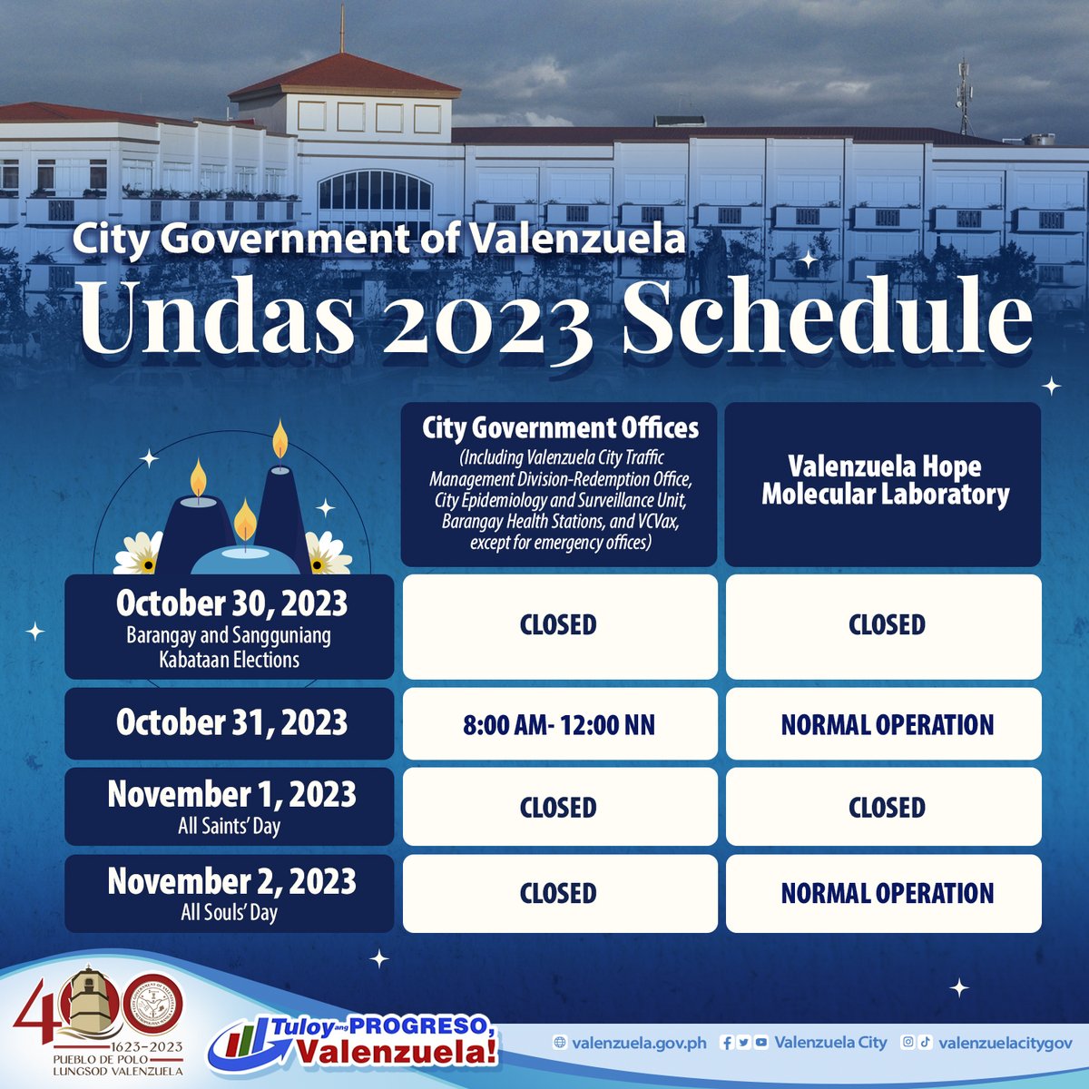 valenzuelacity's tweet photo. ADVISORY: Our City Government offices, including the #VCVax vaccination, Redemption Office of our Traffic Management Division, CESU, and Hope Molecular Laboratory, will be implementing the following schedule in observance of #Undas2023. https://t.co/SWGYWBOh9W