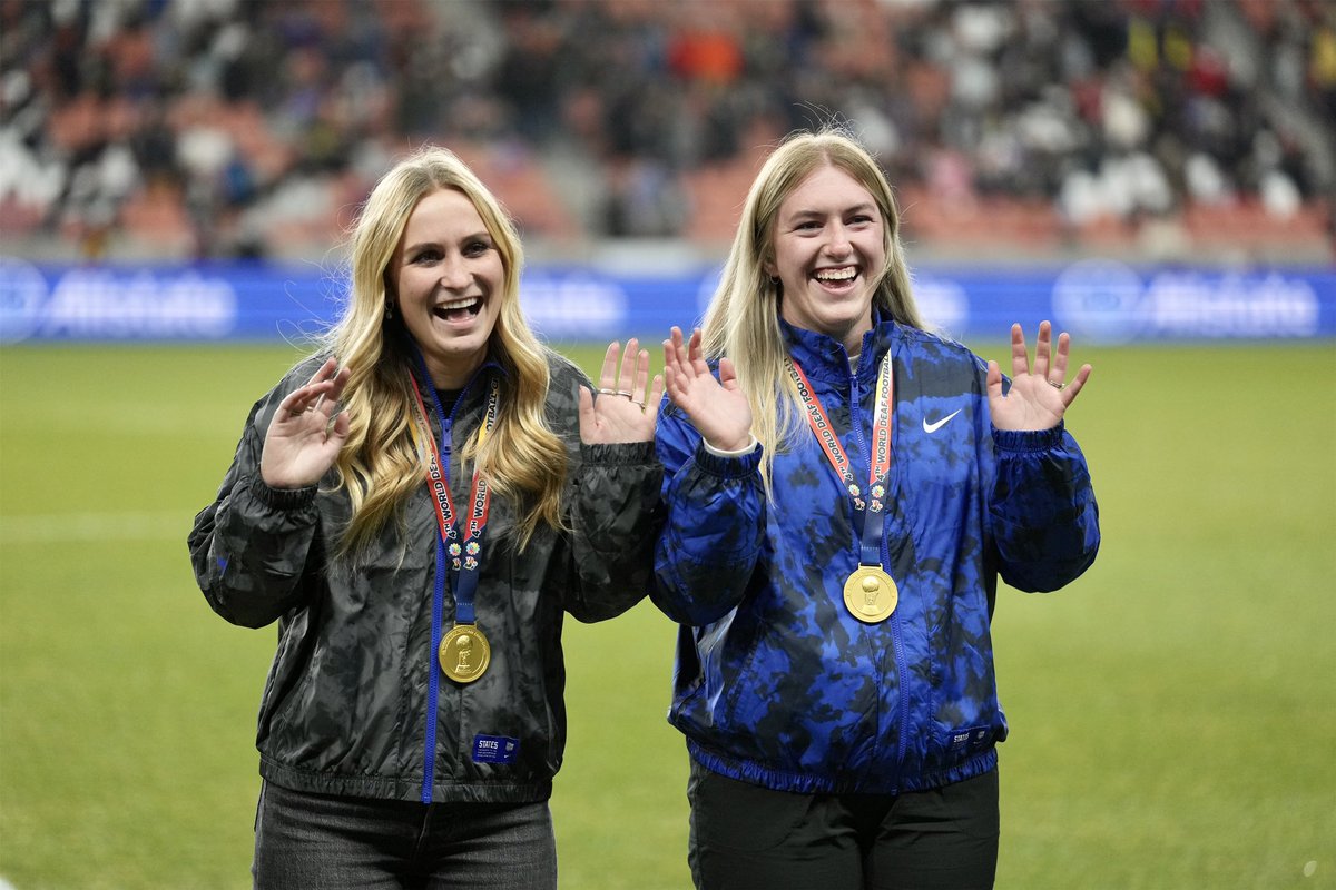 Stars at the big stage 🤩🇺🇸

#USdeafWNT World Deaf Football Champs, Sophie Post and Taegan Frandsen smiling bright at the <a href="/USWNT/">U.S. Women's National Soccer Team</a> match vs Colombia