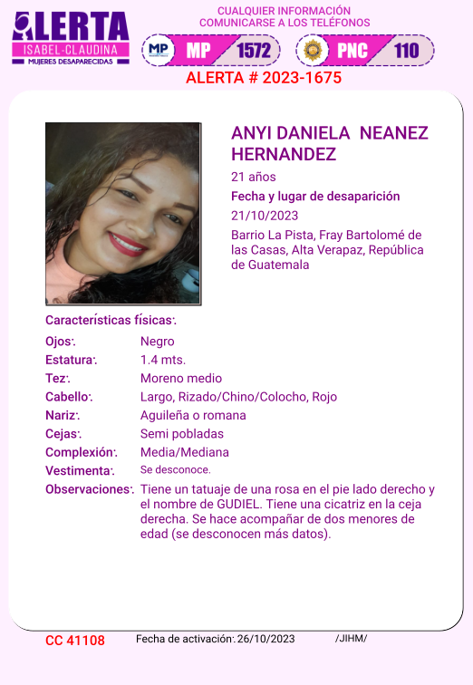 isabel_claudina's tweet photo. #AlertaIsabelClaudina
🚨 Ayúdenos a encontrar a
ANYI DANIELA NEANEZ HERNANDEZ
Desapareció el 21 de octubre de 2023
Cualquier información comunicarse al teléfono 📞 1572
Gracias por difundir esta información❗ https://t.co/PMTGuGKhnl