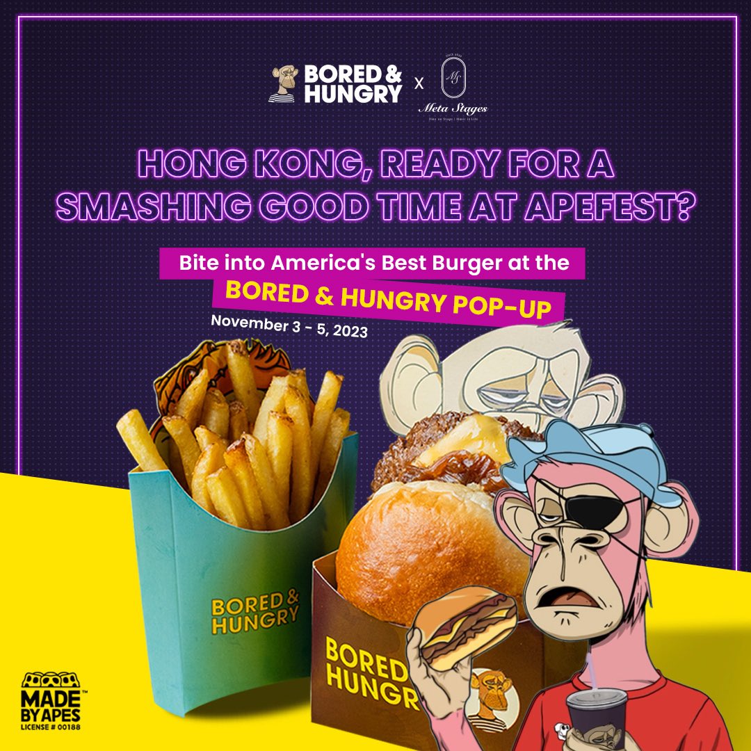 YOU ASKED &amp; WE DELIVERED 🍔

I was in Apefest 2022 &amp; I missed out on trying <a href="/BorednHungry/">Bored & Hungry | Home of America's Best Burger</a> there. That feeling sucked. I don’t want you apes to feel that.

This is why we’ve worked with <a href="/Meta_Stages_/">Meta Stages</a> to bring <a href="/BoredHungryAsia/">Bored & Hungry Asia</a> to HK this Apefest!

🗓️ Nov 3-5, 12-6PM
📍Meta Stages,