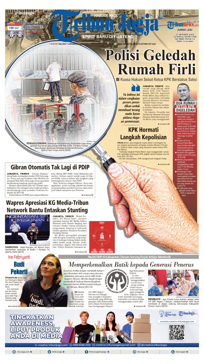 tribunjogja's tweet photo. Tribun Jogja edisi Jumat, 27 Oktober 2023.
#kpk #geledah #firli https://t.co/uZWBXPQhHB