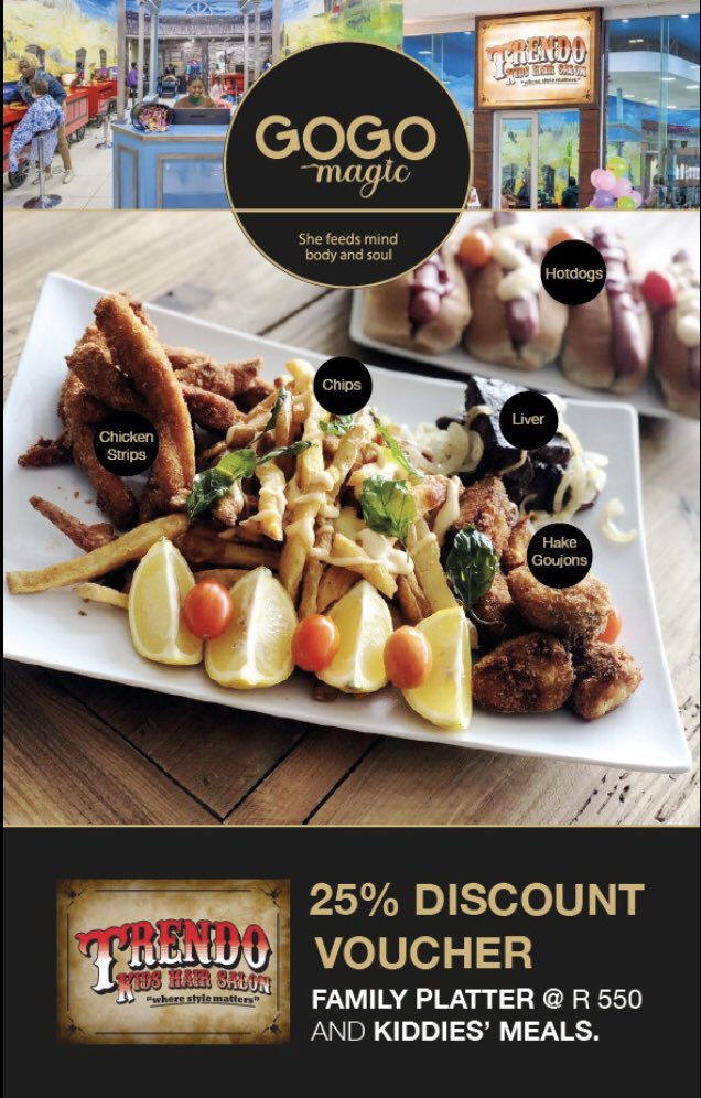 GogoMagic23's tweet photo. Introducing the Gogo Magic Family Eatery and Trendo Kids’ Salon partnership - 

Trendo clients get 25% discount on the Gogo Magic Family Eatery Family Platter, valued at R 550. 

Vouchers are available at Trendo Kids’ Hair Salon in Cedar Square Shopping Center - Fourways. https://t.co/oroNfCCpTQ