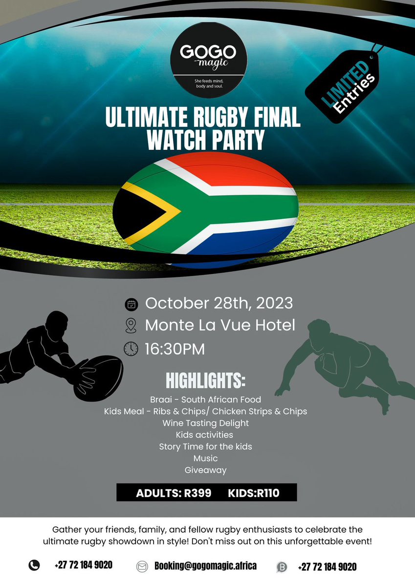 GogoMagic23's tweet photo. The final is finally here, and we’re on the Green Kant

Big Screen
Braai
Kiddies’ meals 
Play area
Story time

Address: Monte La Vue Boutique Hotel - 60
Turaco Street, Norscot (Fourways).

#Boks 

Book: inquiries@gogomagic.africa
Book: https://t.co/PIHpAmWi4O
Book: 0721849020 https://t.co/bbH3TBYVm3