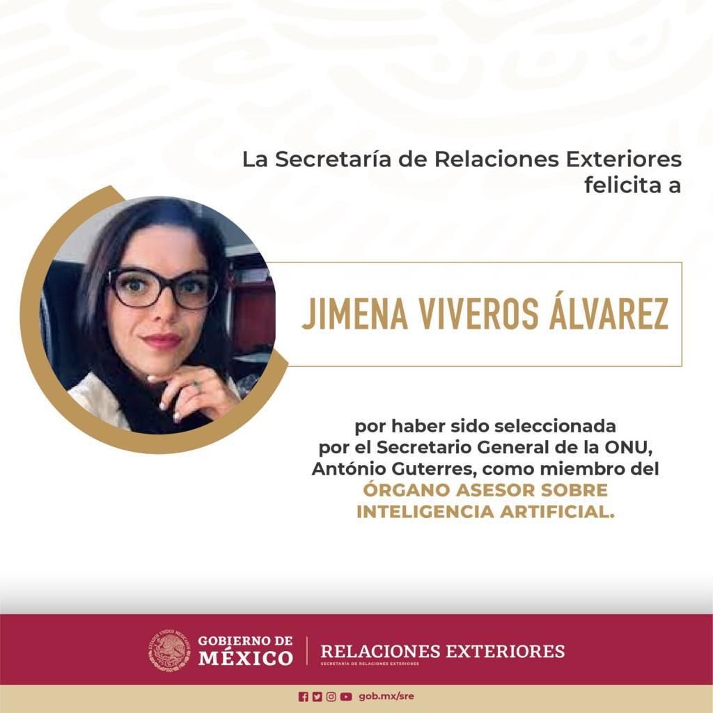 aliciabarcena's tweet photo. Felicito calurosamente a la jurista mexicana Jimena Viveros, seleccionada como miembro del órgano sobre inteligencia artificial por el Secretario General de la ONU.
Segura de su gran contribución al nuevo órgano asesor dada su reconocida experiencia 
https://t.co/EBL2kEL580 https://t.co/84XWr2cDK5