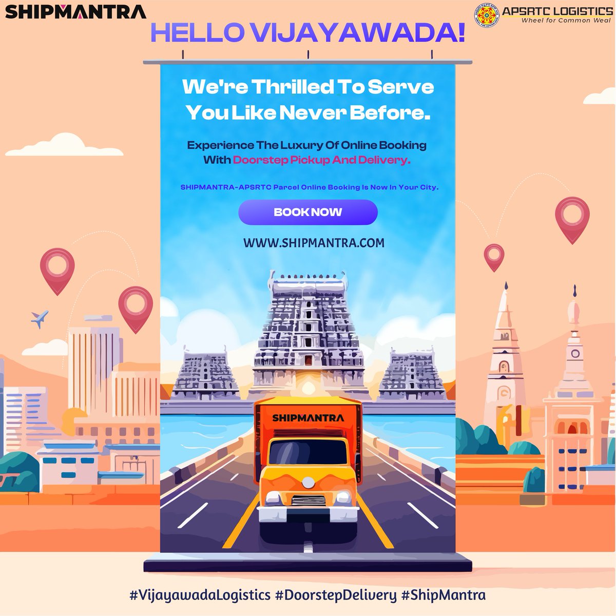 shipmantra's tweet photo. Hello Vijayawada, 
We have covered more locations in Vijayawada for online booking and door step services.
Explore the new service experience at affordable prices and ultimate service quality 

APSRTC online parcel booking exclusively in SHIPMANTRA
https://t.co/jfpauFxS5L https://t.co/LB1k0JhmGA