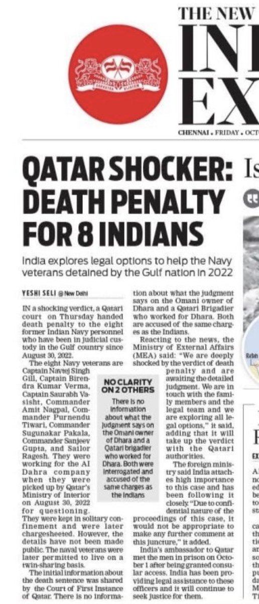 India is exploring legal options on the judgment that announced death penalty for the 8 naval veterans, who have been under Qatar judicial custody since August 30th, 2022. However, there is no information on what the judgement says about the Omani Emir who owned Dhara and the