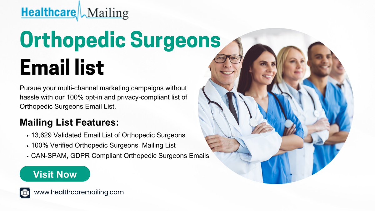 Get 100% opt-in orthopedic specialist email list to maximize your revenue and growth.
healthcaremailing.com/healthcare/ort…
#orthopedicsurgeonsemaillist
#orthopedicsurgeonsemaildatabse
#HealthcareEmailList
#B2BEmailList
#b2bmarketing
#healthcaremailing