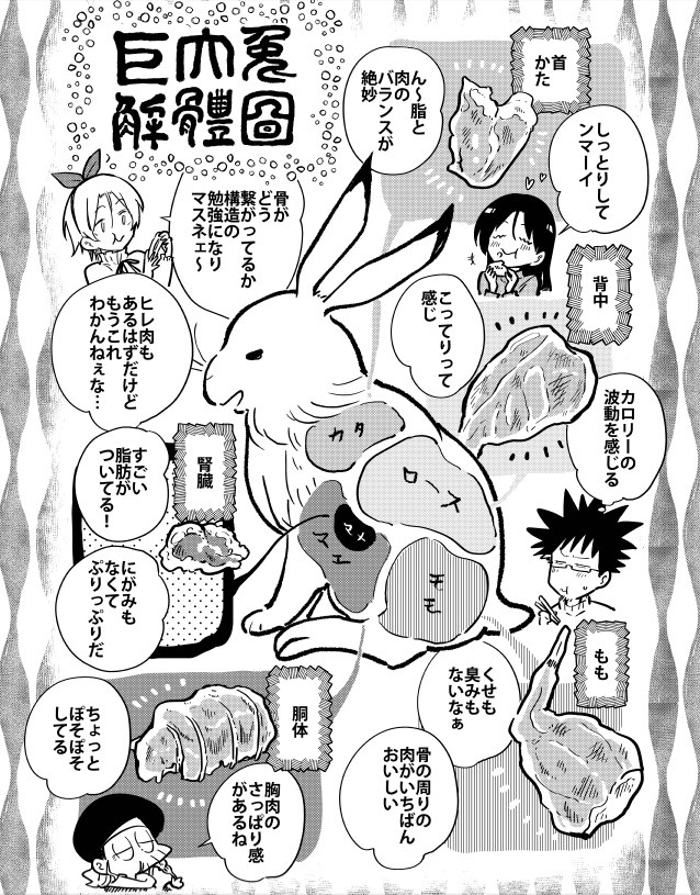 『桐谷さんちょっそれ食うんすか!?』最新16巻発売中です。収録レシピ①「ジャンボウサギの丸焼き」。規格外のサイズとうまさに一口食べれば飛び跳ねる!🐇Amazonはこちら→ #漫画アクション #桐谷さん #グルメ漫画