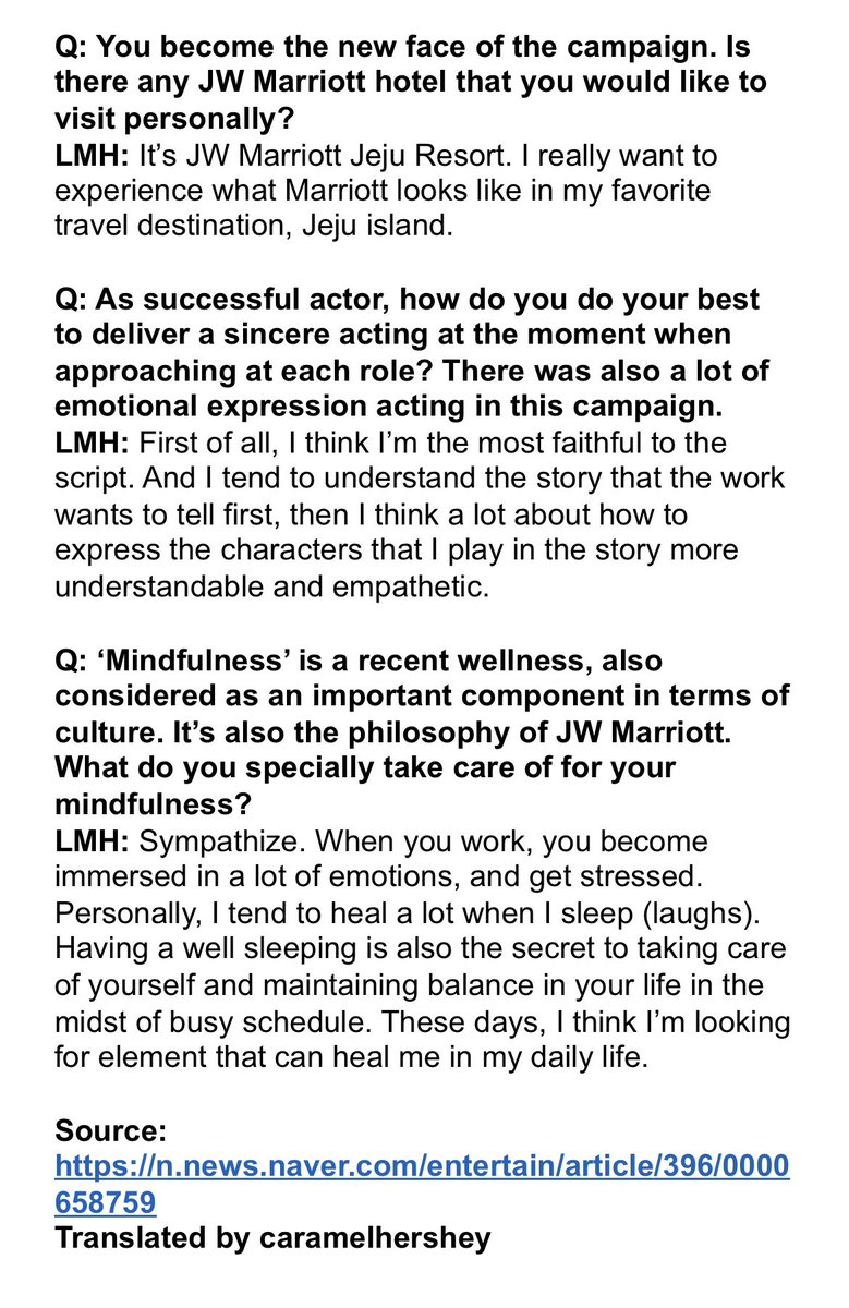[ENG TRANS] Lee Min Ho Interview with JW Marriott for ‘Stay In The Moment’ Campaign✨

Lee Minho shared his thoughts on ‘rest and travel’
🔗naver.me/GOzzChN4

🤍 full translation by caramelhershey
❗️ please take out with full credit
#LeeMinHo #이민호