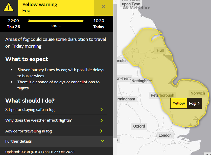 metoffice's tweet photo. ⚠️ Yellow weather warning UPDATED ⚠️

Fog warning extended south across most of East Anglia

Valid until 1030 today 

Latest info 👉 https://t.co/QwDLMfRBfs

Stay #WeatherAware⚠️ https://t.co/erLeMZZJSW