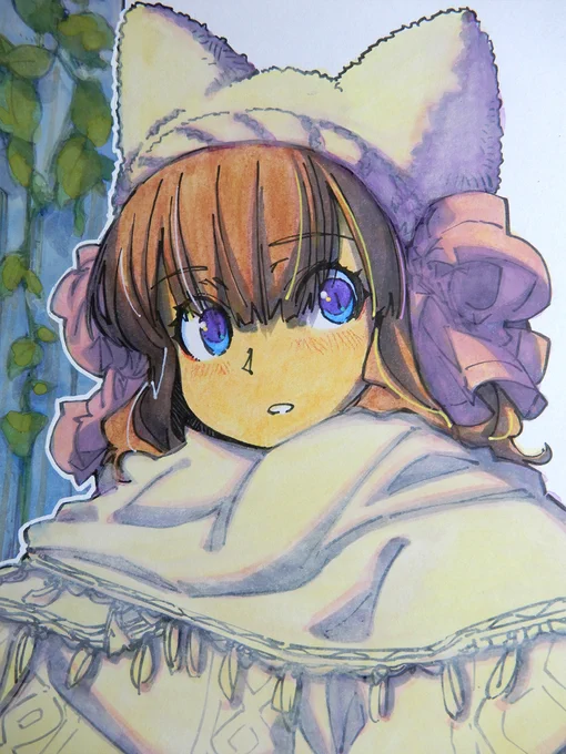 【アナログ2019:朝にふわりと】朝にパンを持ってきてくれる良い香りのする子。 #水彩 #原画 #色紙 #狐娘 #パン