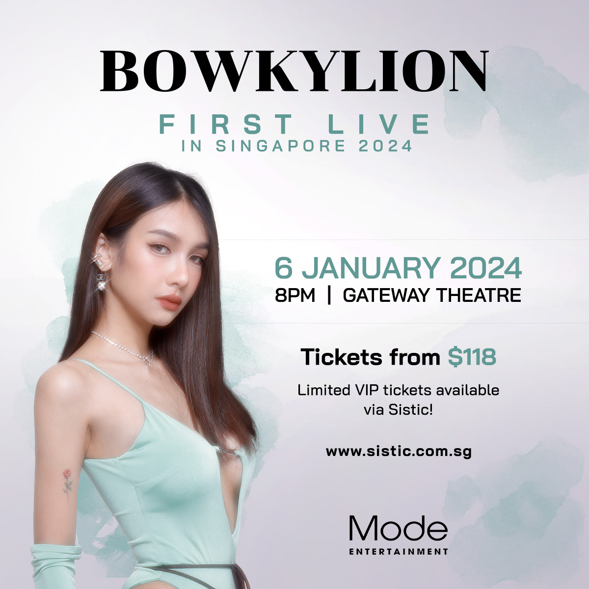 Modeent's tweet image. Thai Pop Diva BOWKYLION set to Melt you with her first concert in Singapore! 6 Jan 2024 (Sat), 8pm at Gateway Theatre, don’t miss this chance to catch Bowkylion LIVE! Tickets start from $118. Limited VIP packages with photo taking are also available on a first come first serve…