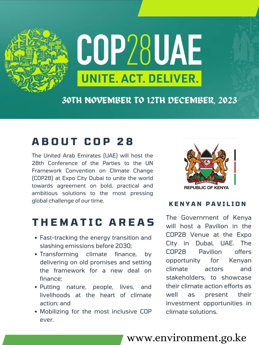 The Government of Kenya will host a pavilion at COP28 venue in Dubai, UAE. #COP28 pavilion offers opportunity for Kenyan climate actors & stakeholders, to showcase their climate action efforts as well as present their investment opportunities in climate solutions #ClimateAction