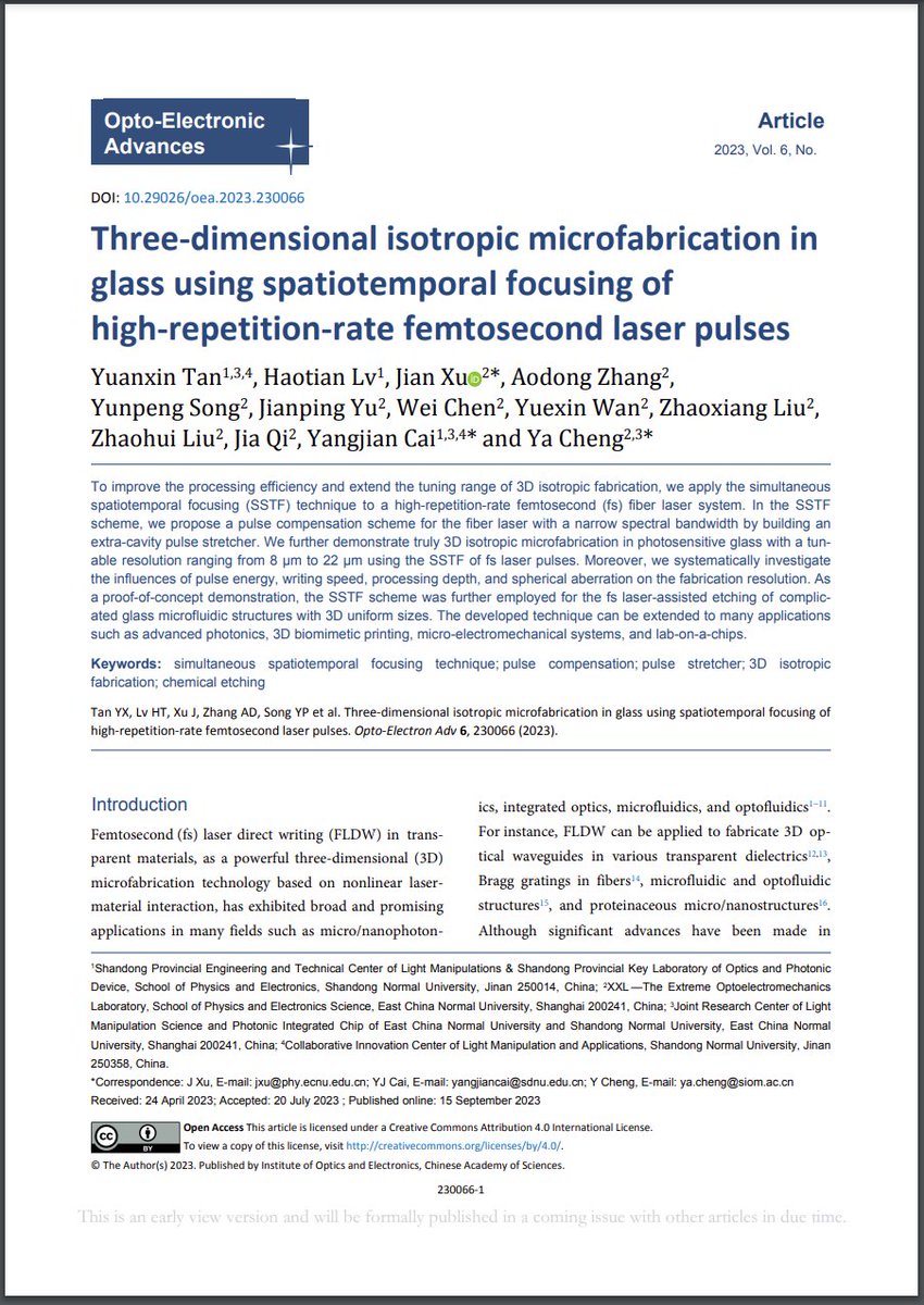 OptoElectronAdv's tweet photo. #OEA_highlight Three-dimensional isotropic microfabrication in glass using spatiotemporal focusing of high-repetition-rate femtosecond laser pulses https://t.co/UwFNpe81Gw By Prof. #YangjianCai #YaCheng
from #SNU @ECNUER #3D #Microfab #femtosecond #laser #pulse #chemicalEtching https://t.co/PZpBm91TKQ