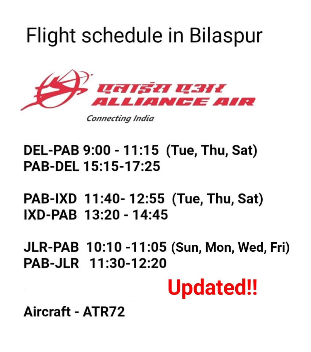 BAAC request  to all my followers 
Please use Bilaspur-Delhi Direct Flight as much as possible <a href="/allianceair/">Alliance Air</a> 
अपने परिवारो और रिश्तेदार को भी जरूर  बताए दिल्ली सीधे फ्लाइट  की सुविधा शुरू हो गई है ज्यादा से ज्यादा शेयर करे।