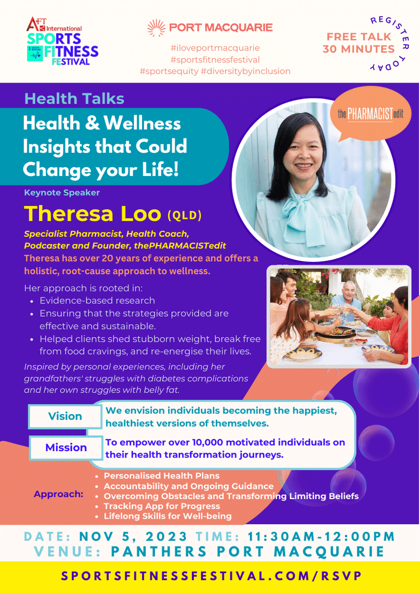 move8movement's tweet photo. [Update] Port Macquarie Sports Fitness Festival (NOV 4 &amp; 5) - Don't miss AFT Health Talks &amp; Workshops facilitated by specialist pharmacist, health coach, podcaster and founder - thePharmacistedit. Book your spot now: https://t.co/i1jGhJn3mH

@Gointlgrp @MkgEvents  @PMQTourism https://t.co/uFe5ZrjSbZ