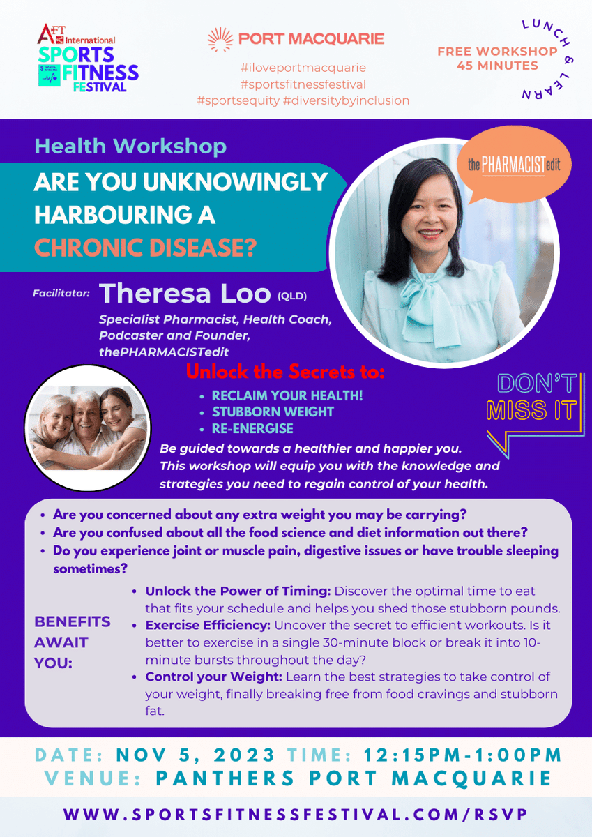 move8movement's tweet photo. [Update] Port Macquarie Sports Fitness Festival (NOV 4 &amp; 5) - Don't miss AFT Health Talks &amp; Workshops facilitated by specialist pharmacist, health coach, podcaster and founder - thePharmacistedit. Book your spot now: https://t.co/i1jGhJn3mH

@Gointlgrp @MkgEvents  @PMQTourism https://t.co/uFe5ZrjSbZ