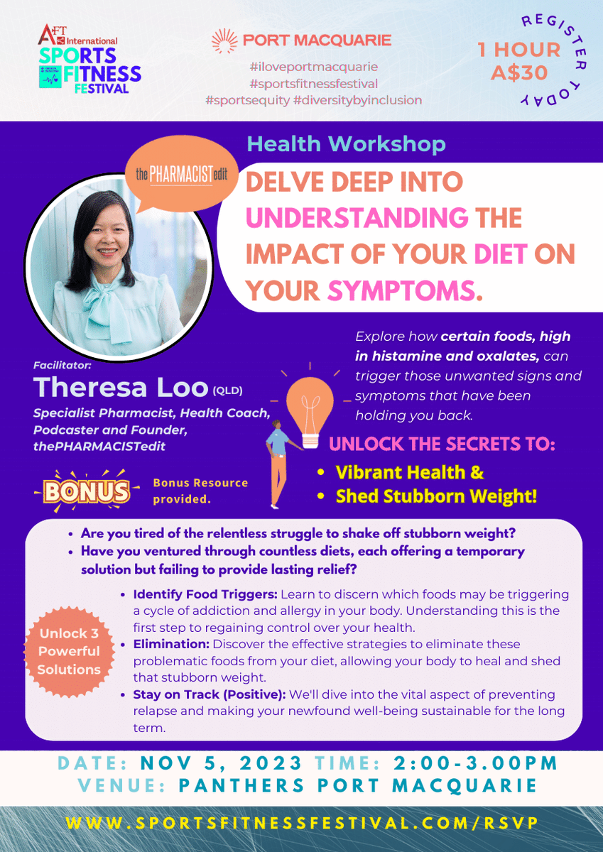 move8movement's tweet photo. [Update] Port Macquarie Sports Fitness Festival (NOV 4 &amp; 5) - Don't miss AFT Health Talks &amp; Workshops facilitated by specialist pharmacist, health coach, podcaster and founder - thePharmacistedit. Book your spot now: https://t.co/i1jGhJn3mH

@Gointlgrp @MkgEvents  @PMQTourism https://t.co/uFe5ZrjSbZ