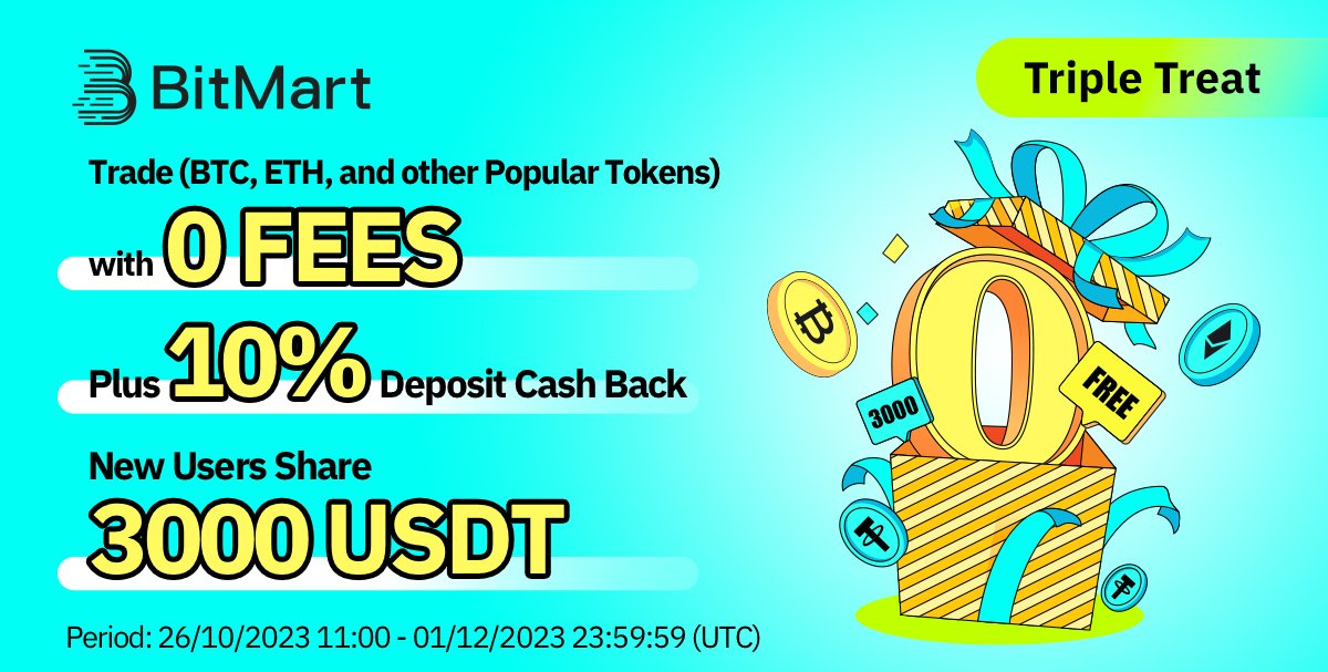 #TripleTreat 🎉 Dive into our Triple Treat Campaigns!

🔹 Follow <a href="/BitMartResearch/">BitMart Research｜$BMX HODLer</a> 
🔹Join t.me/BitMartExchang…
🔹 RT &amp; Tag 3 frds &amp; Like
🎁 Share 3000 USDT Prize Pool

👉Join Now: datasink.bitmart.site/t/s7
✨Reg: bitmart.com/register-refer… 

#BitMart #WelcomeBounty#0 fee