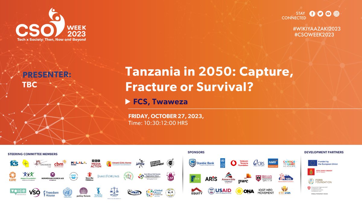 CSOWeek's tweet photo. As we approach the end of the #CSOWeek2023, get ready for an action-packed day featuring insightful discussions on safeguarding cyber resilience, ChatGPT, envisioning Tanzania's future, and understanding the dynamics of civil society. Don't miss out on these impactful sessions! https://t.co/8U7CJjFG0f