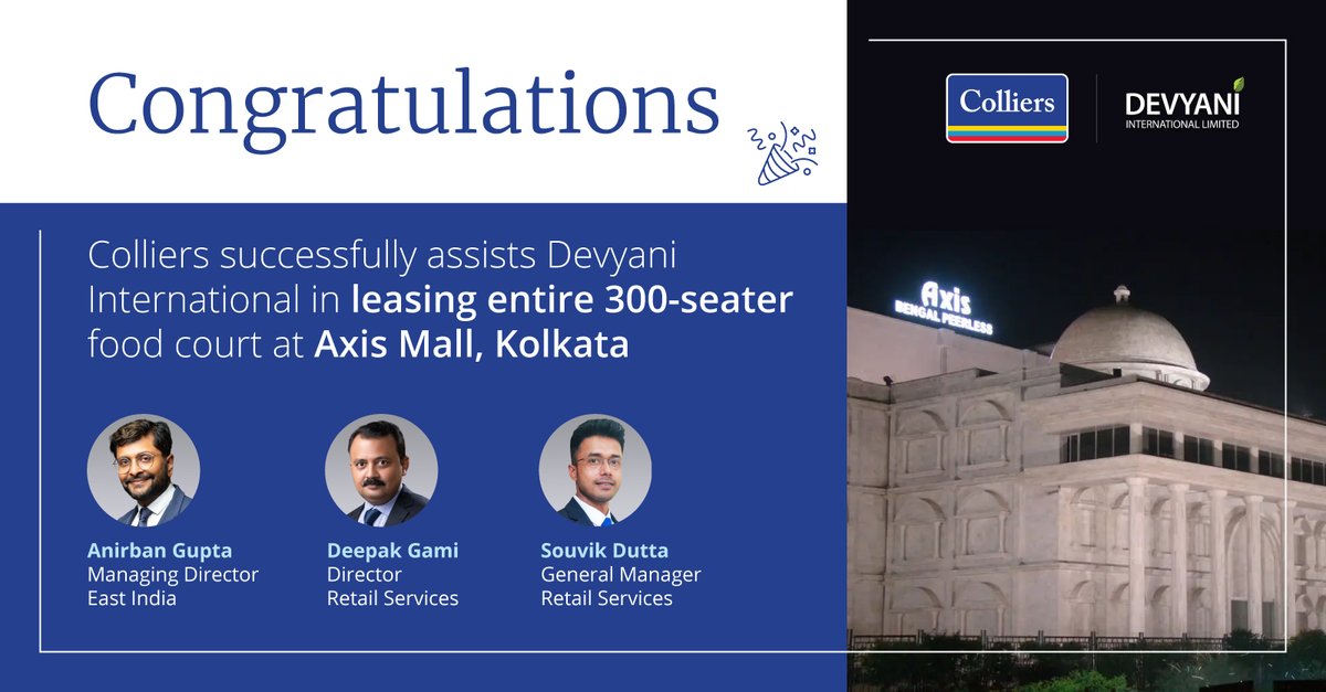 colliers_ind's tweet image. Congratulations to our Kolkata team on transacting a lavish retail space for Devyani International at Axis Mall, Kolkata.

Learn more about our Retail Services: ow.ly/v6s150Q10n6

#ColliersIndia #IndiaRealEstate #retailservices #kolkata #india #clientsuccess #retailspace