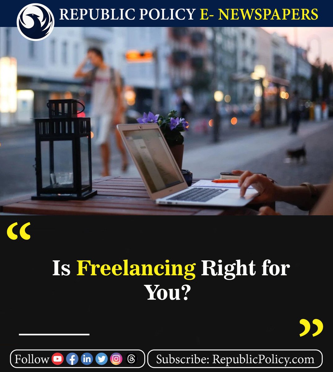 republicpolicy's tweet image. Starting your own freelancing business can indeed be a bold move, and with the right approach, it can lead to a successful and fulfilling career.

Read more: republicpolicy.com/is-freelancing

#FreelancingLife #CareerChoice #FreelanceSuccess #BeYourOwnBoss #FreelanceTips #News