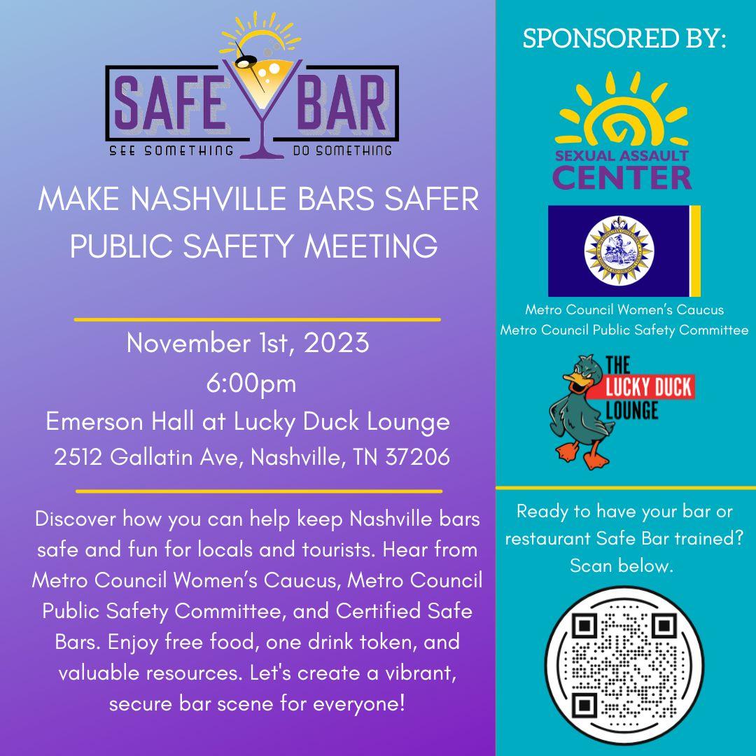 Erinfor12's tweet photo. On Wednesday, 11/1 @ 6pm join the .@NashvilleSAC, Metro Council Women's Caucus, and the council Public Health and Safety Committee for a public meeting about the Safe Bar program. Thanks to Emerson Hall at Lucky Duck Lounge for hosting!
#safebar #nashville #MetroCouncilNash https://t.co/FoPymJL20E