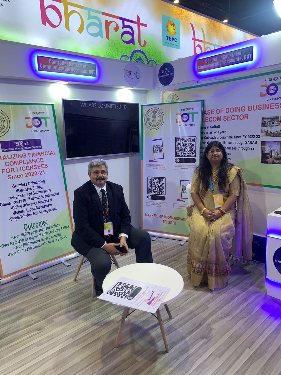 ControllerDot's tweet photo. All are invited to visit stall no. 5.33 and 5.34 in Hall No.5 at  IMC, 2023 where two applications SAMPANN and SARAS are being demonstrated reflecting our efforts towards Digital India, quality services to pensioners and business friendly ecosystem for TSPs.
#IMC2023 @DoT_India https://t.co/ybZJWxla9d
