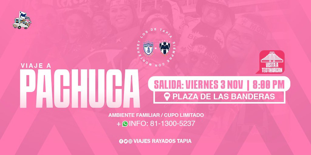 Viajes_Rayados's tweet photo. 🗣️ Acompaña y alienta al Monterrey en Pachuca🚍

👨‍👩‍👦‍👦 Ambiente familiar
🚍 Autobús equipado: clima, pantalla, baño y cargador usb
🎟️ boleto $300 promedio
📍Salidas en MOnterrey-Saltillo
⌚️Viernes 03 nov 8:00 PM
⭐️ Visita a las Pirámides de Teotihuacán 
⚠️Cupo limitado⚠️ https://t.co/x4urgEynkK