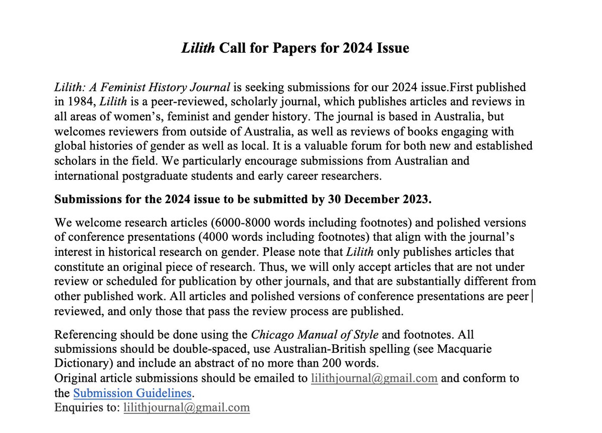 ‼️CFP FOR 2024 ISSUE‼️

The CFP for the 2024 issue of Lilith is now open! We welcome both research articles &amp; polished versions of conference papers from the Lilith 2023 Symposium. Please send submissions or any queries to lilithjournal@gmail.com

Deadline: 30 December 2023