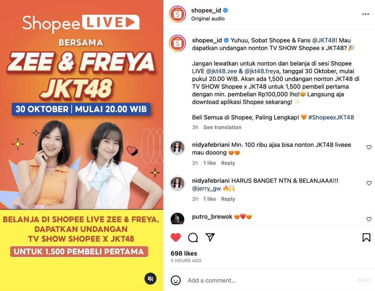 hero_hero29's tweet photo. @iniariani spesial tv show shopee x jkt48! udah set reminder buat nonton &amp; belanja di shopee live zee &amp; freya! semoga aku beruntung bisa dapetin undangan... #SeninDepanJKT48ShopeeLive https://t.co/AWYctFTwPb
