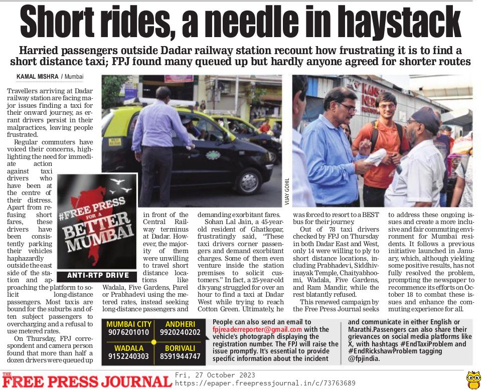 #FreePressForABetterMumbai: Errant Taxi Drivers Cause Commuter Frustration at Dadar Railway Station

freepressjournal.in/mumbai/freepre…

#MumbaiTransport #MumbaiNews #Mumbai #Taxi #Auto #MumbaiRoads 

@MNCDFbombay @mumbaimatterz @RoadsOfMumbai @mybmc @MumbaiPolice @MTPHereToHelp…