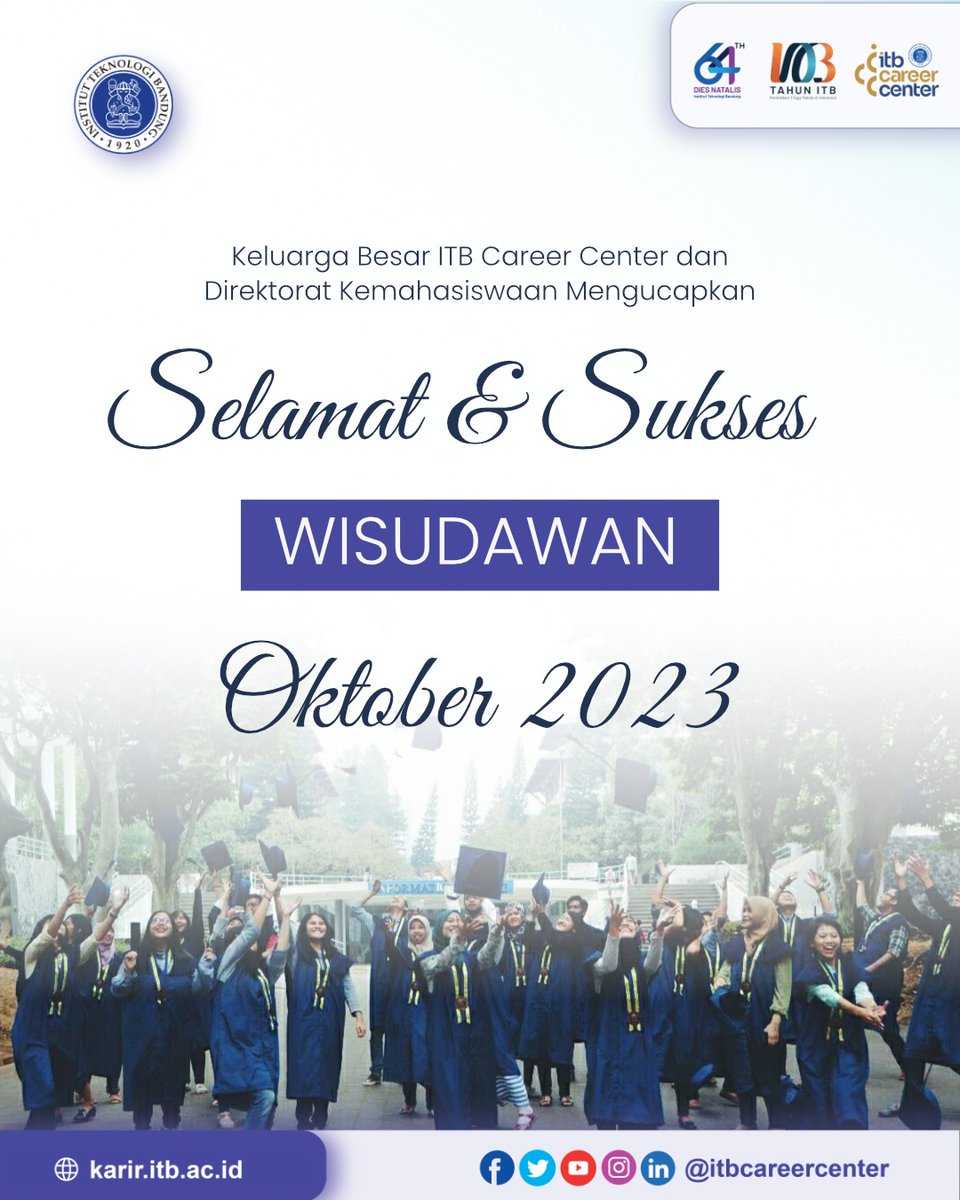 ITBCareerCenter's tweet photo. [INFO]

CONGRADUATION!
Congratulation on your graduations!

Today is yours!!

Selamat kepada seluruh wisudawan baik program Doktoral, program Magister, program profesi Insinyur dan program Sarjana!

#itbcc #karirITB #ITBcareer #congraduation #congratulationgraduate #luluswisuda https://t.co/XcPshMNaZU