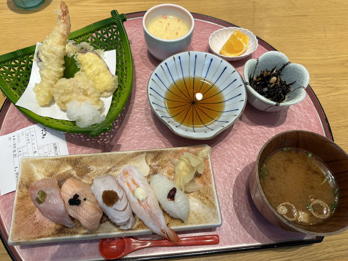 Tempura set lunch with 5 piece sushi

1000 yen after tax (no tipping in Japan)

That’s under $7