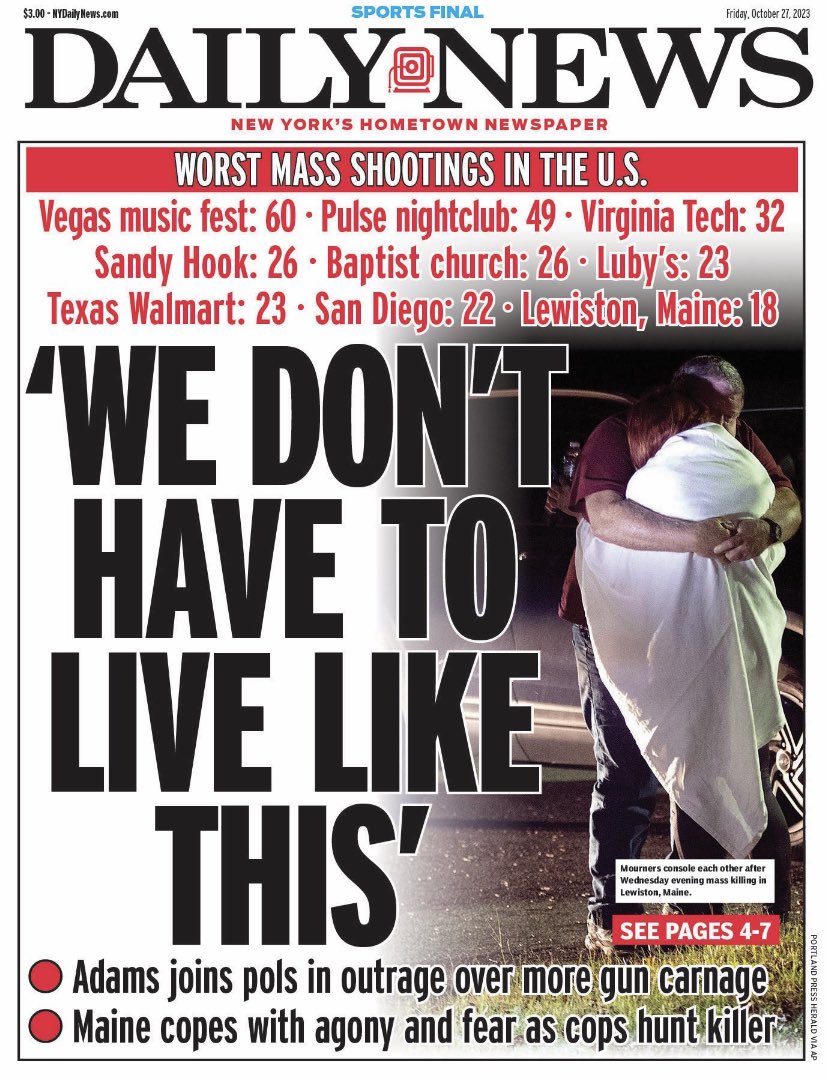 “We Don’t Have to Live like This” - strong front page on the American plague of gun violence, which has so many cures available.