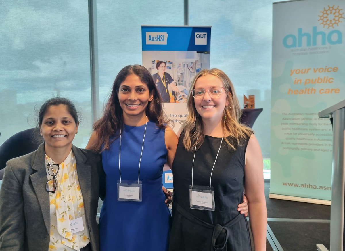 AusHSI's tweet photo. #AusHSI Higher Degree Research students Rangi, Sumudu and Thommi enjoying another inspiring day of conversations and all things VBHC at the Value-Based Healthcare Congress #VBHCC23 @sumufu @Thomasina_D https://t.co/UiCUhRyNCx
