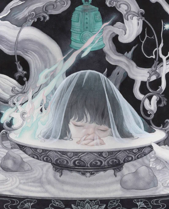 MASATAKA CONTEMPORARYにて開催中の2人展『スキップオーバー』より。  「夢を見る庭-彼の夢-」 p15号  枯山水の庭と白い枝が描きたくて。 火の淡い色合いがお気に入り