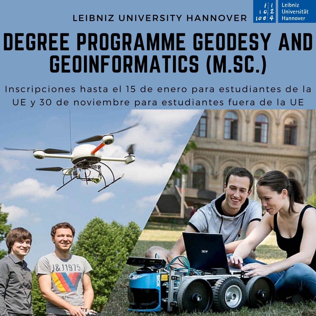 GeomaticaUPM's tweet photo. 👨‍🎓📚 EDegree Programme Geodesy and Geoinformatics (https://t.co/gtpvDePX08.) at Leibniz University Hannover.

📅 Admission deadline  is 11/30 for students from outside the EU and 01/15 for EU students. 

Master will start in April 2024.

🔗Apply: https://t.co/VPZrlSOcCx

@La_UPM https://t.co/gg2nNzKmZo