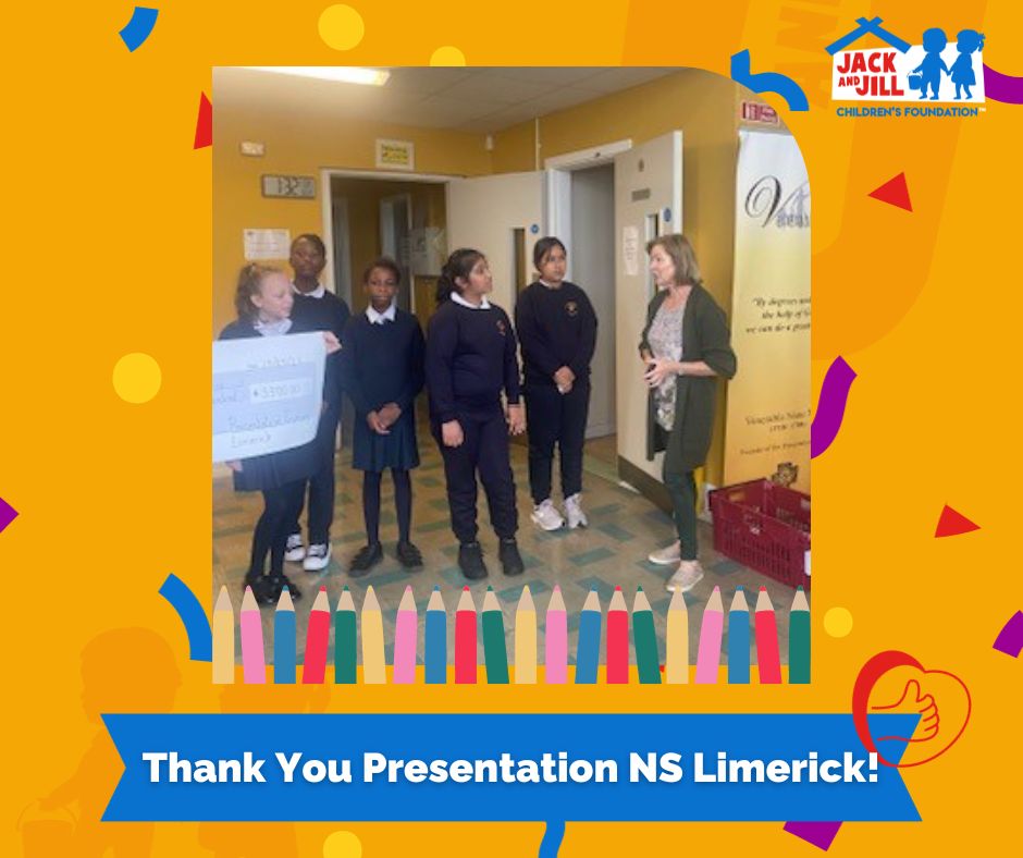 Thank you to the students, teachers, and parents of Presentation Primary NS Limerick! 📚 They raised €3,500 for the Jack & Jill Children's Foundation!🌟 Nurse Mags accepts the generous donation. Creating 194 at-home nursing hours for our families.🧡 #SuportLocal #DonateLocal