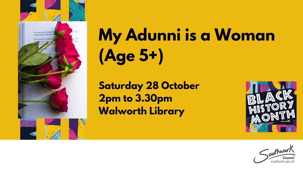 SouthwarkLibs's tweet image. Join us at #WalworthLibrary for a performance of the story of the mythical beauty Adunni!
Learn her story through song, dance and poetry. Suitable for ages 5+. 

Saturday 28th October 2023
2pm to 3.30pm 
orlo.uk/RvhYQ

#BlackHistoryMonth