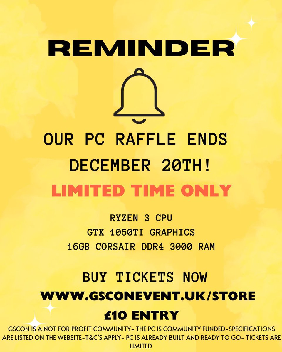 REMINDER! Our PC raffle ends December 20th! 
The tickets are £10 each and there are 94 left, grabs yours if you haven't already! 
All specifications as well as T&amp;C's are stated on our website 
#raffle  #gamingpc #gscon