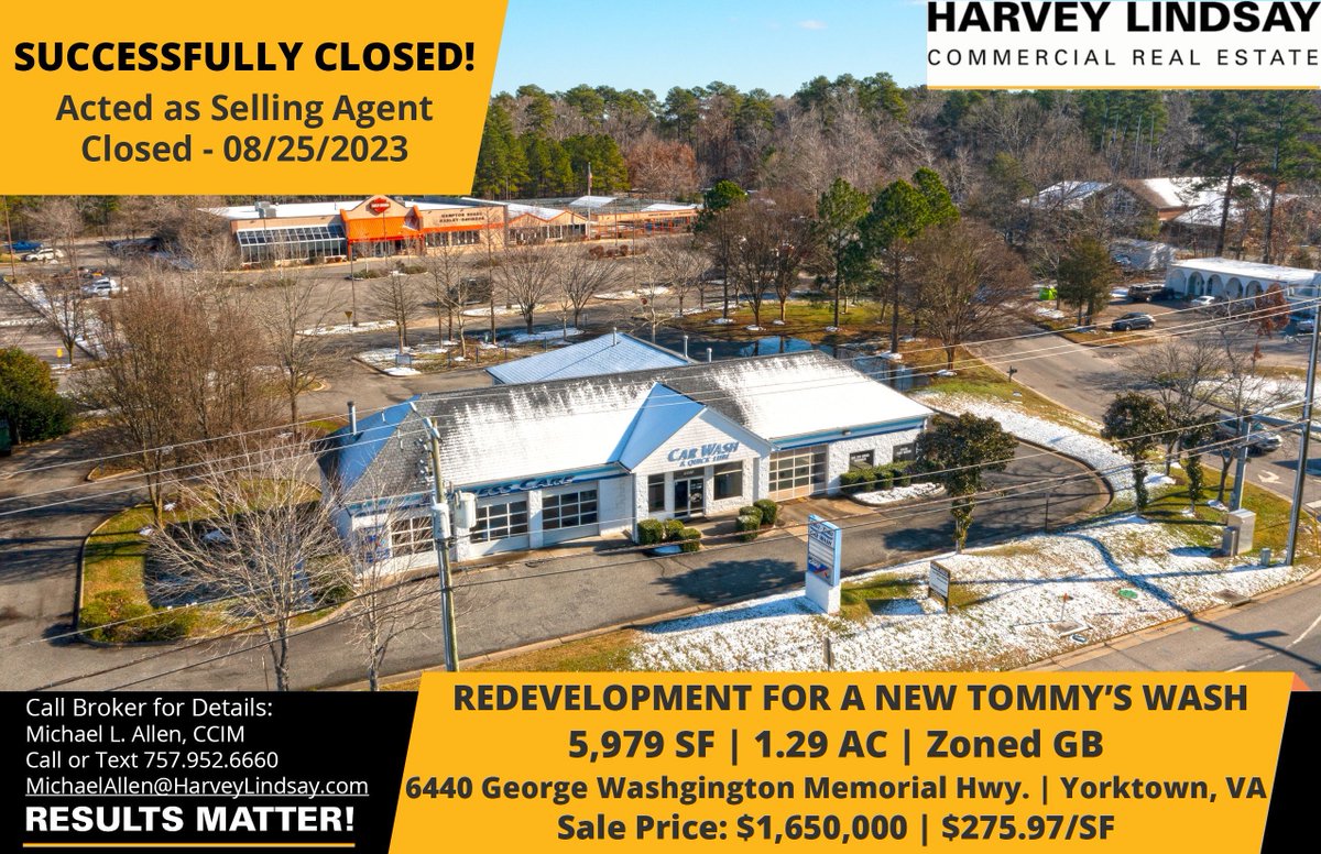 MichaelLAllen's tweet photo. Closed Redevelopment Sale
Older Car Wash sold for new Tommy's Wash
5,979 SF on 1.29 acres
Zoned GB w/ approved Special Use Permit to allow Car Wash Use
Price: $1,650,000 | $1,279,000/ac
Represented Seller https://t.co/eUHGMEFxTt