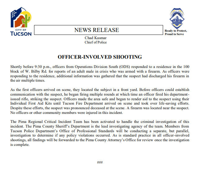 Tucson_Police's tweet photo. 🚨OFFICER-INVOLVED SHOOTING UPDATE🚨 https://t.co/ohsCV0ixIB