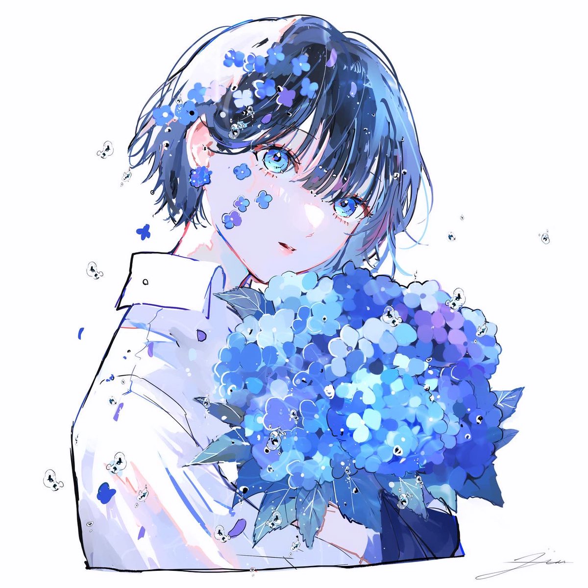 1girl flower solo blue flower shirt hydrangea blue eyes  illustration images