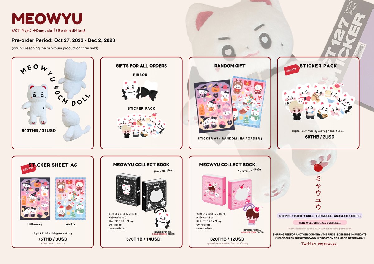 meowyuu_'s tweet photo. ˚₊♡ ᴘʟs ᴋɪɴᴅʟʏ ʀᴛ ♡₊˚
🗯️ ʀᴛ สุ่มแจก collect book 2 รางวัล🐈 ⸝꙳

 ˚∧＿∧
 (˶ᵔ ᵕ ᵔ˶)
/ >🍒<\ NCT YUTA 🦋 40cm doll
𝟭 𝗗𝗼𝗹𝗹 : 𝟵𝟰𝟬𝘁𝗵𝗯 / 𝟯𝟭𝘂𝘀𝗱

🛒: https://t.co/7INfzDsHo1
 
 🎈Open now - 2nd December

#YUTA #中本悠太 #유타 #ユウタ #ตุ๊กตายูตะ #ตลาดนัดnct #meowyuu #ミャウユウ◞♡