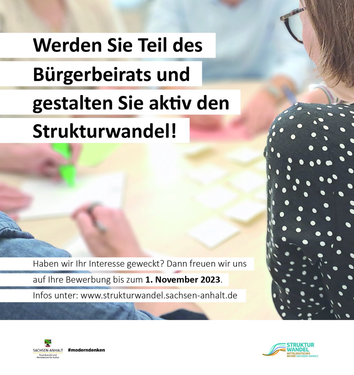 Wandel_LSA's tweet photo. 📢🗨️Letzte Chance! Noch bis zum 1. November 2023 für den Bürgerbeirat "Strukturwandel im Mitteldeutschen Revier" bewerben und aktiv den Wandel mitgestalten! ➡️ Weitere Infos zur Bewerbung: https://t.co/mrGD8EPn3v #stimwandel #SachsenAnhalt #moderndenken #Bürgerbeirat https://t.co/XnXZ8KfnJA