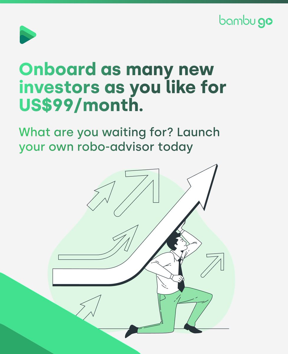 It costs about US$783 per client across the onboarding process. With Bambu Go, onboard as many clients as you'd like for just US$99 a month
 
Sign up today.

#bambugo #readytogorobo #financialadvisors #financialadvisers