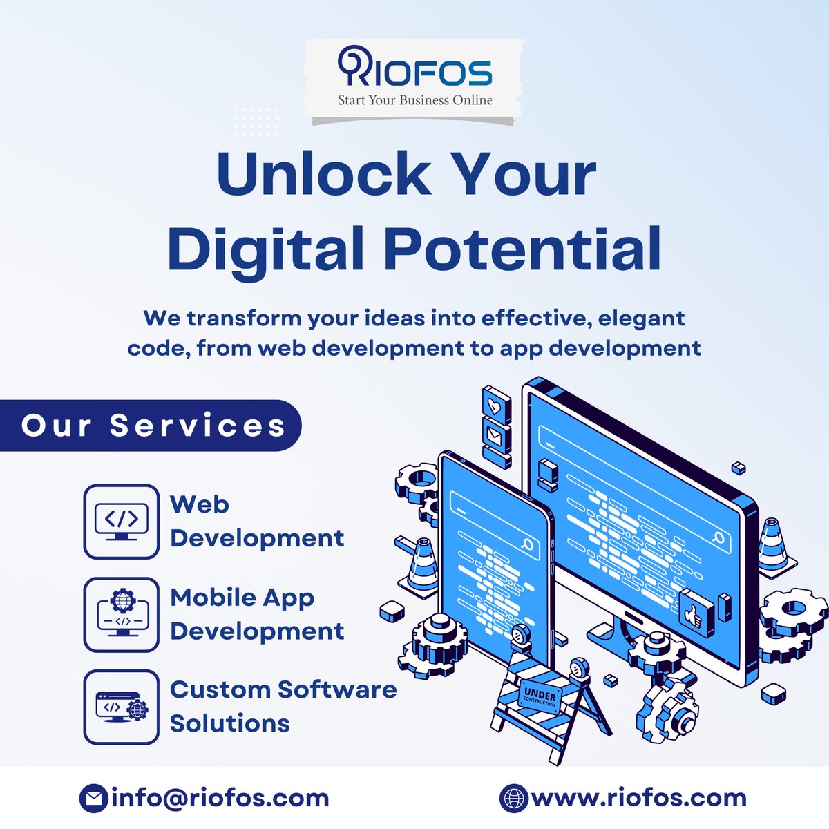 RiofosTech's tweet photo. Looking for a reliable and professional web and app development company? Than RIOFOS, the experts in transforming your ideas into effective, elegant code. Whether you need a website, a mobile app, or a custom software solution, RIOFOS can help you achieve your digital potential. https://t.co/oxdz5MmUCL